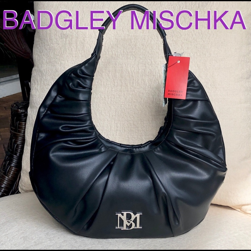 BADGLEY MISCHKA Pleats RUCHED HOBO Shoulder Bag BLACK